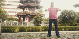 活跃的亚洲年长女性在公园里打太极