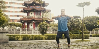 活跃的亚洲老年男性在公园里打太极(慢动作)