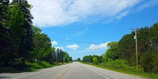 在明媚的夏日驾驶乡村。司机视角:沿着美丽的阳光乡村路。
