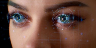 面对ID。面部识别系统。人脸检测点和贪婪。未来和技术的3D扫描的一个美丽的女人的脸面部识别。解锁