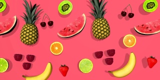 色彩鲜艳的图案与新鲜混合夏季水果3D，视频素材4K可循环