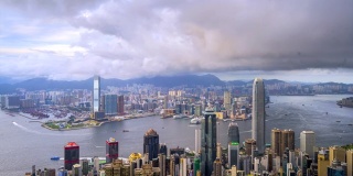 阴天，香港无人机在维多利亚港中区及香港海滨的超延时拍摄