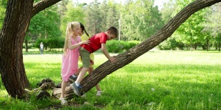 三个孩子，两个女孩和男孩，在夏季公园爬树玩得很开心