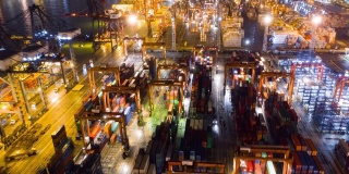 4K鸟瞰香港葵青货柜码头夜间全景图