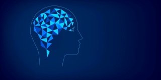人的思维概念，思维过程的形象化。多边形头部和大脑的轮廓。多边形动画的三角形。蓝色的。低聚。