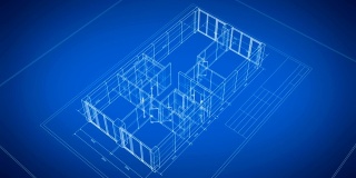 美丽的3d蓝图建筑公寓打开蓝色背景。最后一个回合是可循环的。循环三维动画抽象蓝图。建筑业的概念。