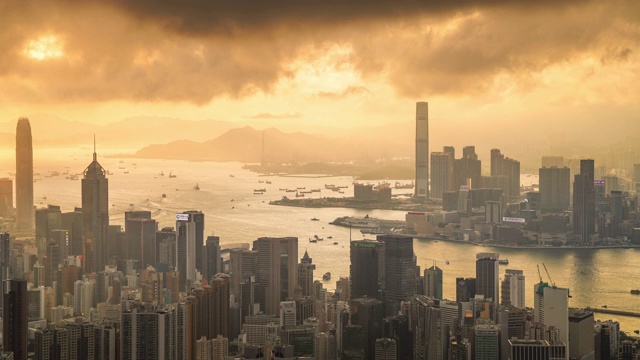 全景鸟瞰图的时间间隔香港城市景观景观天际线日落famaus旅游胜地维多利亚山顶在香港中部