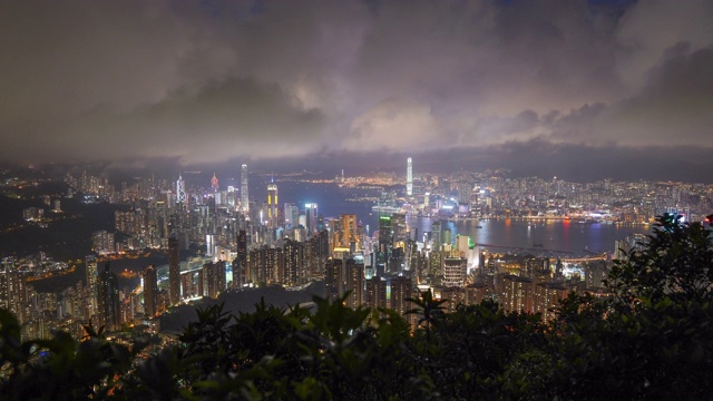 全景鸟瞰图的时间间隔香港城市景观景观天际线日落famaus旅游胜地维多利亚山顶在香港中部