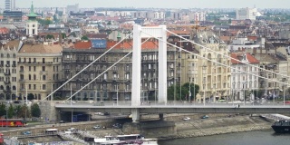 摇拍:从城堡山看白天的布达佩斯城市景观，伊丽莎白桥的一部分