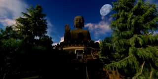 香港宝莲寺的天坛大佛在满月的映衬下，昼夜交替