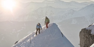 雄企鹅从白雪皑皑的山上下山