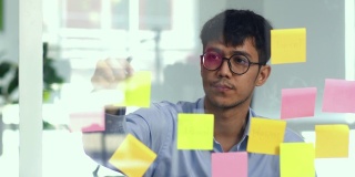 亚洲创意人士在玻璃板上贴便利贴。年轻的专业商业男性在纸上写下信息、策略、提醒、商业状况、创业Loft办公理念。
