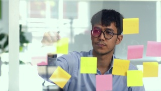 亚洲创意人士在玻璃板上贴便利贴。年轻的专业商业男性在纸上写下信息、策略、提醒、商业状况、创业Loft办公理念。视频素材模板下载