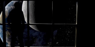 在这个抽象概念中，一个人的剪影站在窗前，俯瞰着月球和地球的黑暗面。