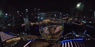 品酒。夜晚的城市景观。新加坡。