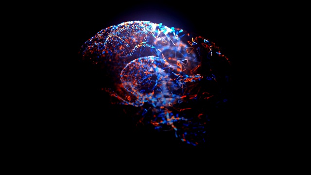 旋转MRI扫描人类的大脑与发光的蓝色和橙色粒子和三角形可循环的药物镜头