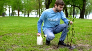 男生态活动家浇灌树木，志愿者爱护自然资源视频素材模板下载