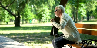 老盲人从长凳上站起来，用手杖在公园里行走以清除道路
