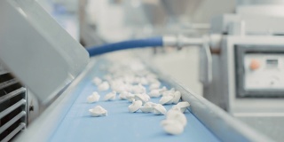 在饺子工厂的自动机器生产过程的近距离镜头。新鲜生Pelmeni落在传送带上。在食品工厂操作的工业机械。