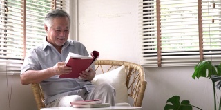 老人坐在家里的客厅里一起看书。夫妇老照顾退休后的生活。幸福家庭、养老之家、生活品质的理念。4 k决议。