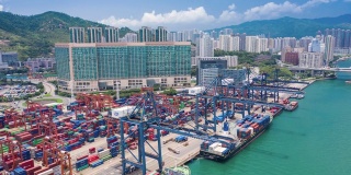 集装箱货轮进出口业务及物流国际货物鸟瞰图超缩4k视频。