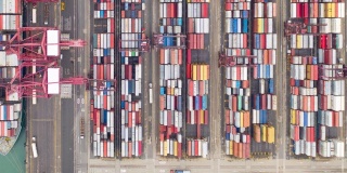 集装箱货轮进出口业务及物流国际货物鸟瞰图超缩4k视频。