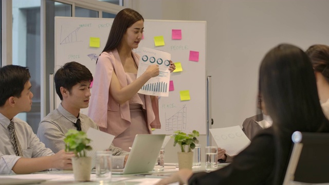 迷人的亚洲女人在会议室向她的团队展示她的商业计划。战略发展理念，经营理念。