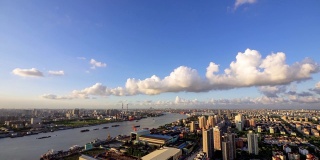 时间流逝的上海城市景观和城市天际线与云移动，日落时间，4k镜头。