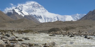 低角度:浑浊的河流流过白雪覆盖的珠穆朗玛峰的岩石山麓。