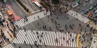 4K时间的推移，行人和汽车人群，未定义的人走过天桥交叉路口，日本东京涩谷区。日本文化和购物区概念