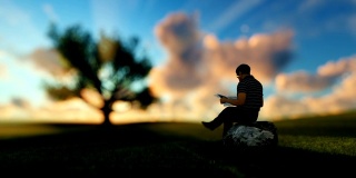 一个人在绿色的草地上看报纸，享受着一段时间的日出，淘金