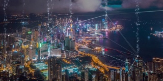 4k分辨率香港鸟瞰图，数据网络连接技术概念。智慧城市概念、通信网络、物联网概念