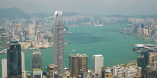 香港艳阳天著名的维多利亚山顶城市全景4k