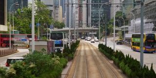 香港城市晴天市中心著名的电车道路旅行前线pov全景4k
