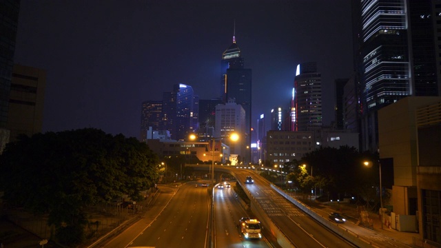 香港市区夜景时间灯火通明，市区交通、街道、桥景，步行全景4k