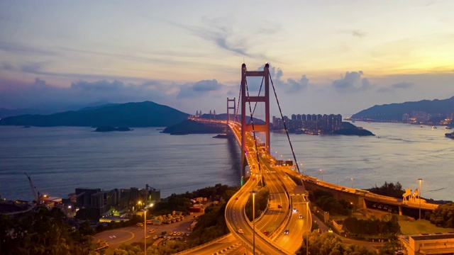 4K Hyperlapse:暮光鸟瞰图，无人机在大桥上飞行的香港城市与发展建筑，交通，能源电力基础设施。亚洲金融和商业中心