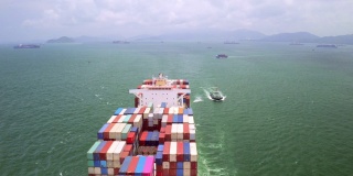 4K分辨率货柜货轮在商业港口码头，香港商业物流和运输业，国际水运
