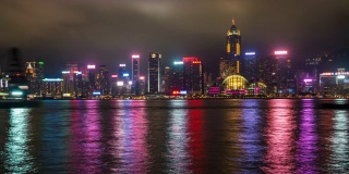 时间流逝，香港城市夜景。从维多利亚港眺望香港摩天大楼