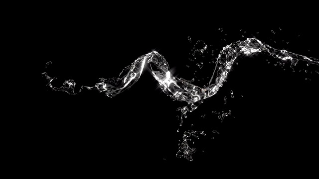 水溅的慢镜头。液体，液体滴波微距拍摄孤立的黑色背景。逼真的水3d动态动画。流动清纯，流水清澈4k视频