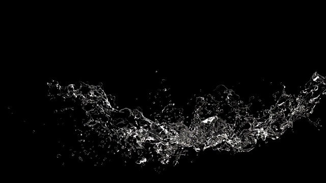 水溅波慢镜头。液滴水平动态3d动画。流动纯净，水清效果逼真。水，流体流隔离在黑色背景4k视频