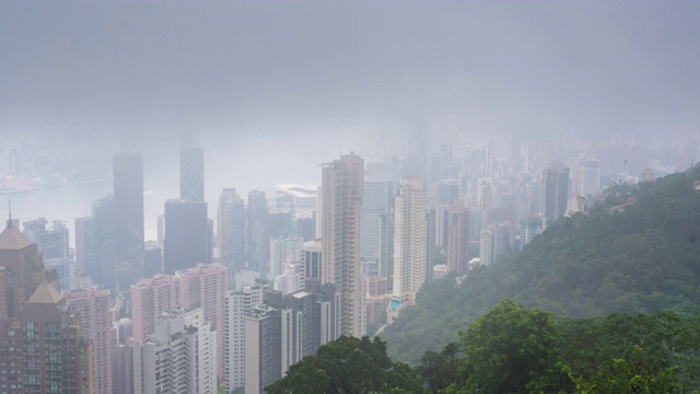 时间流逝上午香港摩天大楼和多云的季节下雨-现代商务区城市