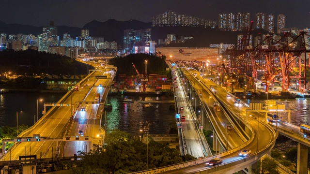 时间推移交通运输桥梁在香港港口港口与背景办公大楼外部