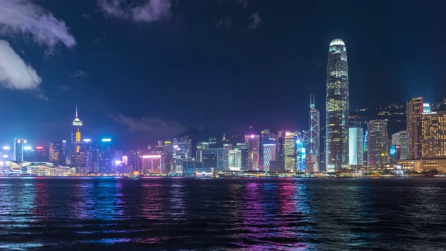 时间推移夜光维多利亚湾和建筑物基础设施在香港的中心-维多利亚港与现代化的商业大厦外的地区城市