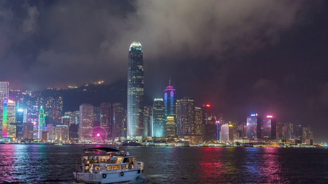时间流逝:香港天际线市中心夜，维多利亚港