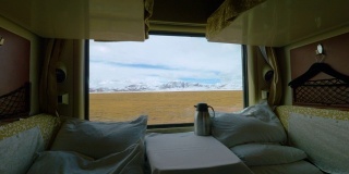 近距离观察:从卧铺列车的窗口可以看到西藏平原的风景。
