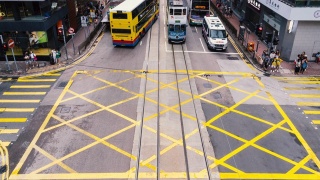 4K时间镜头，一群交通车辆和行人正穿过香港中区黄色人行横道视频素材模板下载