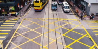 4K时间镜头，一群交通车辆和行人正穿过香港中区黄色人行横道