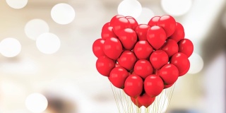 漂浮的红色气球，心形，爱的礼物，3D渲染