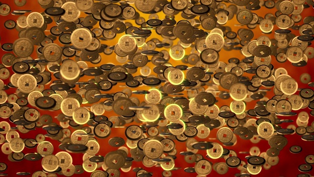春节背景，金币3d纹理。3D渲染4K，无缝循环