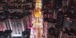 4K超高清Hyperlapse延时拍摄香港市区道路上的车辆交通和夜间行人，无人机空中摄影俯视图。通勤，亚洲城市生活，或公共交通概念